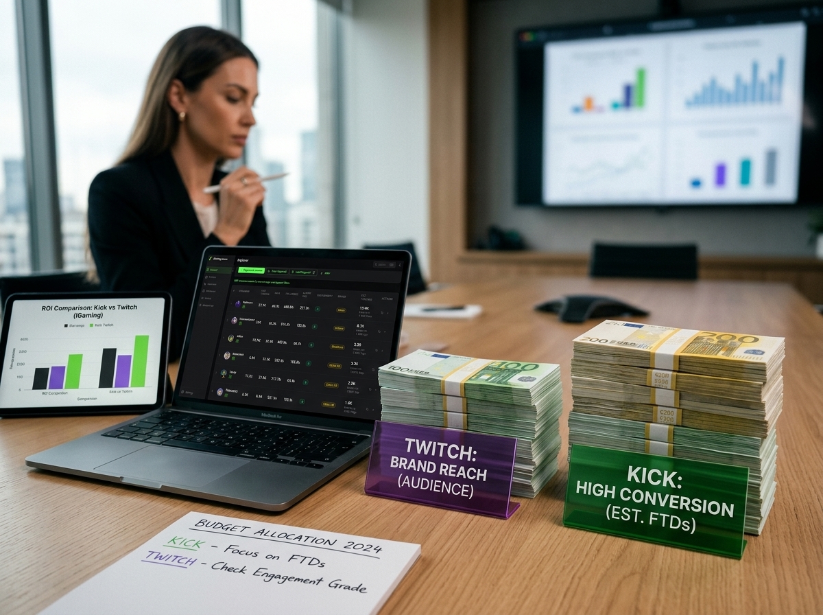 Affiliate manager analyzing Kick vs Twitch budget allocation with ROI comparison data